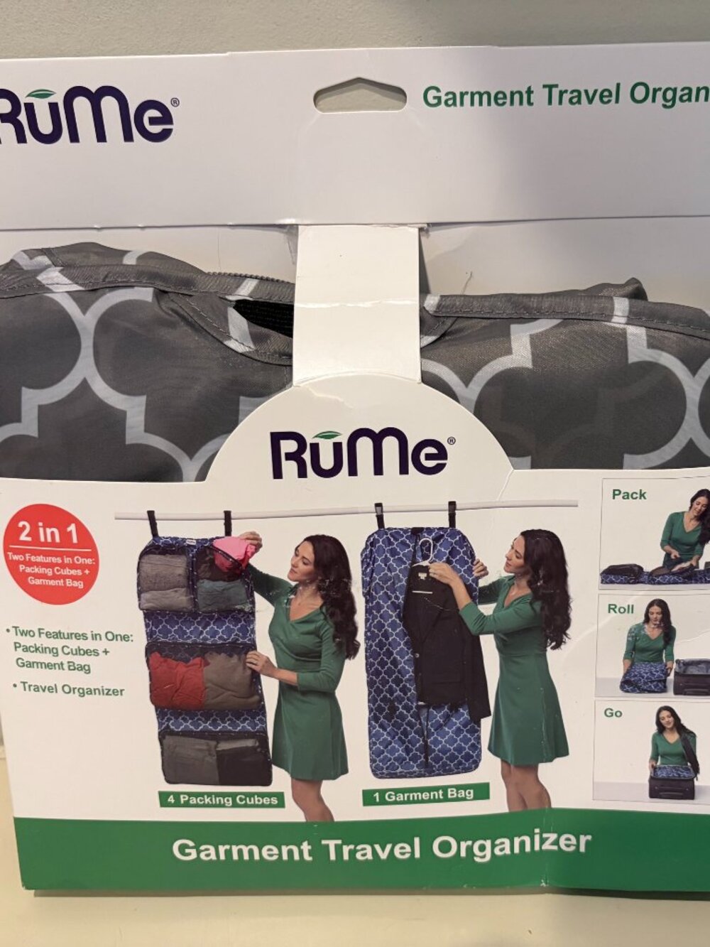 RuME GARMENT TRAVEL ORGANIZER BAG 2-SIDED HEATHER GREY GEOMETRIC Brand New